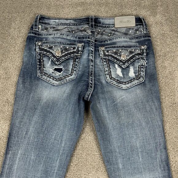 Miss Me Skinny Jeans SZ 28 Blue Denim Mid Rise Embellished Pockets Western Flap - Picture 1 of 8